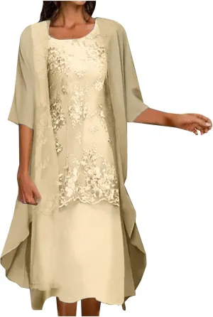2 Pieces Mother of The Bride Dresses with Jackets Tea Length Mother of The Groom Dress Laces Appliques Evening Dress