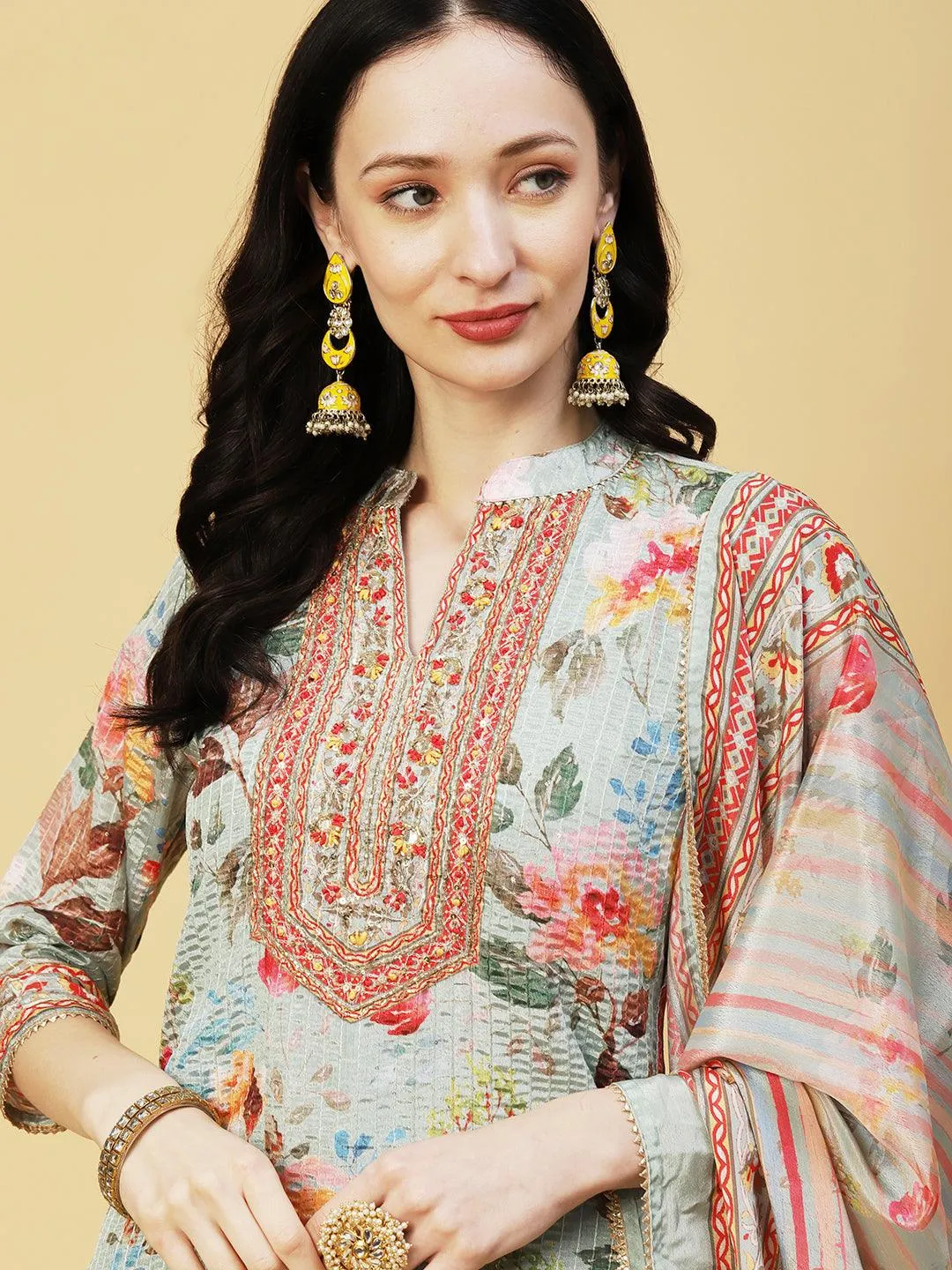 Abstract Floral Printed & Embroidered Straight Kurta with Sharara & Dupatta - Pastel Green