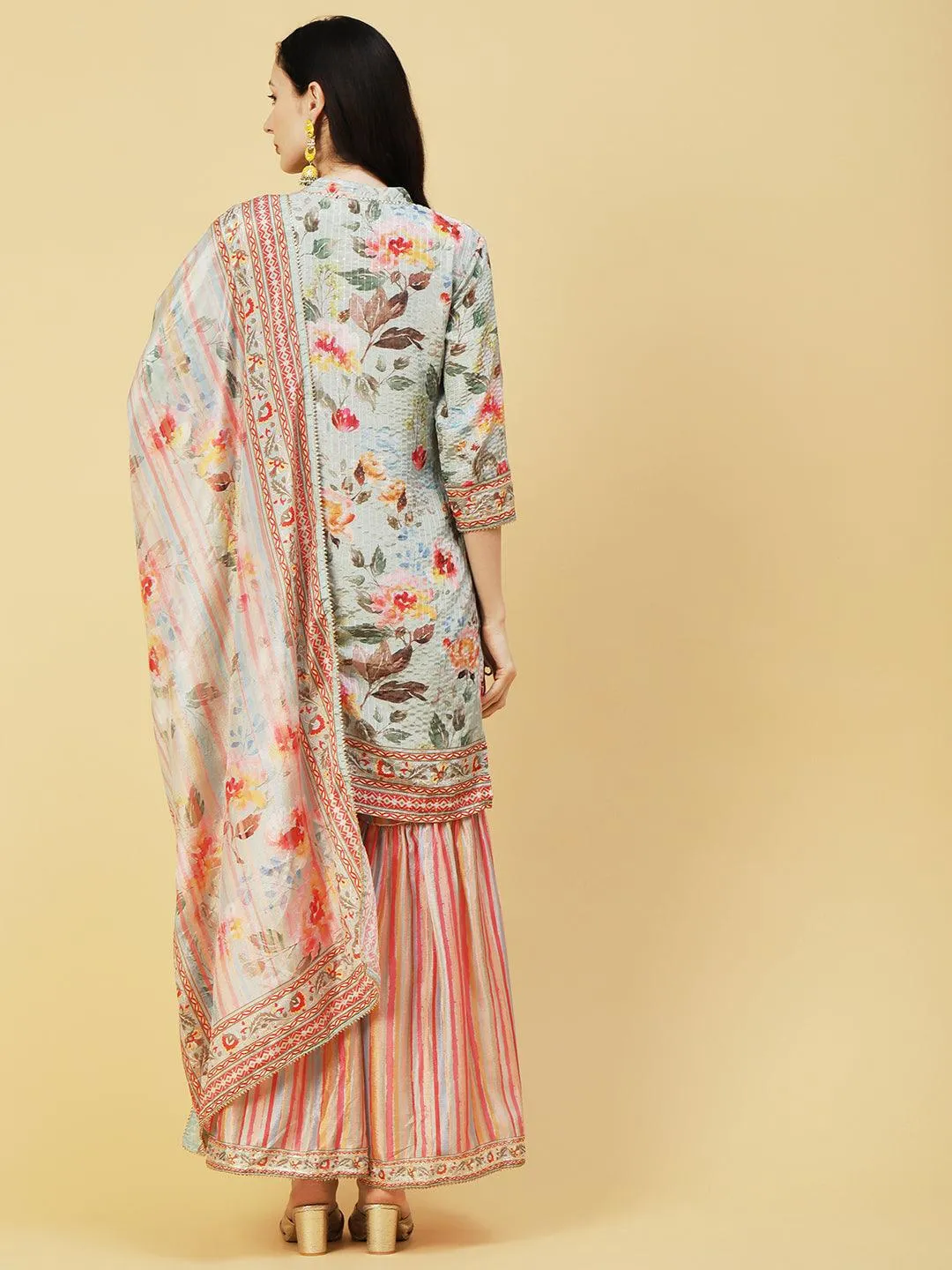 Abstract Floral Printed & Embroidered Straight Kurta with Sharara & Dupatta - Pastel Green