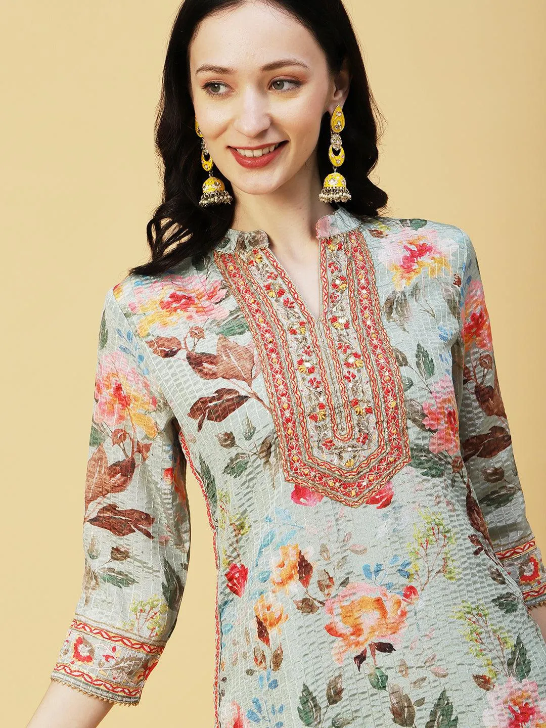 Abstract Floral Printed & Embroidered Straight Kurta with Sharara & Dupatta - Pastel Green