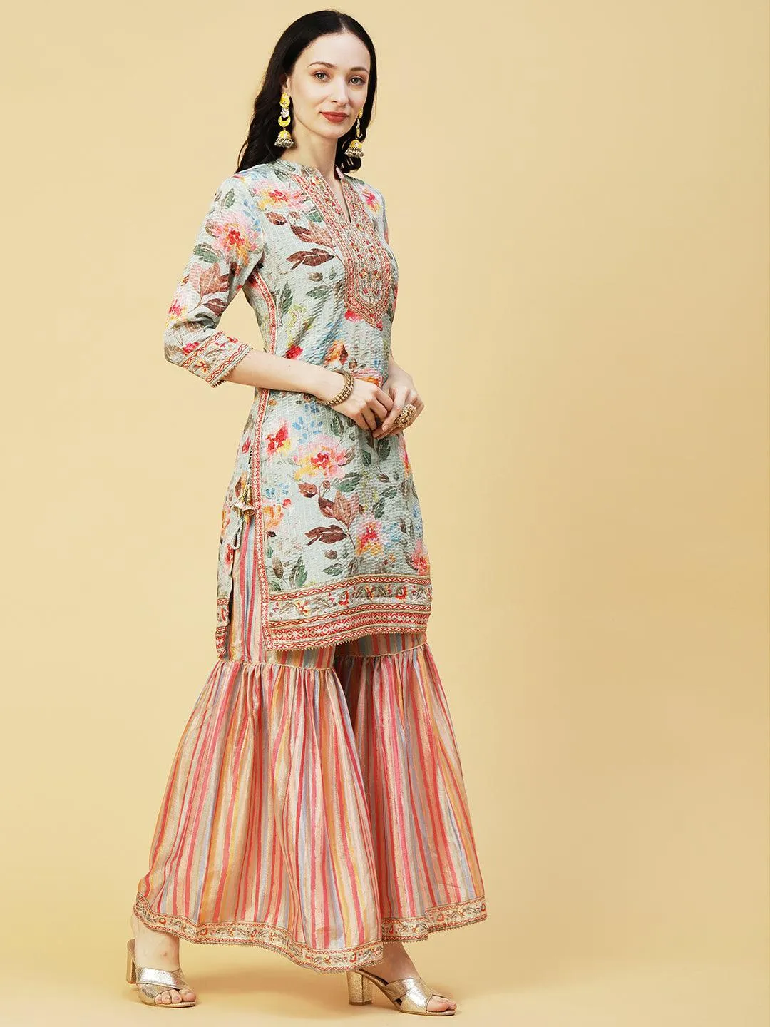 Abstract Floral Printed & Embroidered Straight Kurta with Sharara & Dupatta - Pastel Green