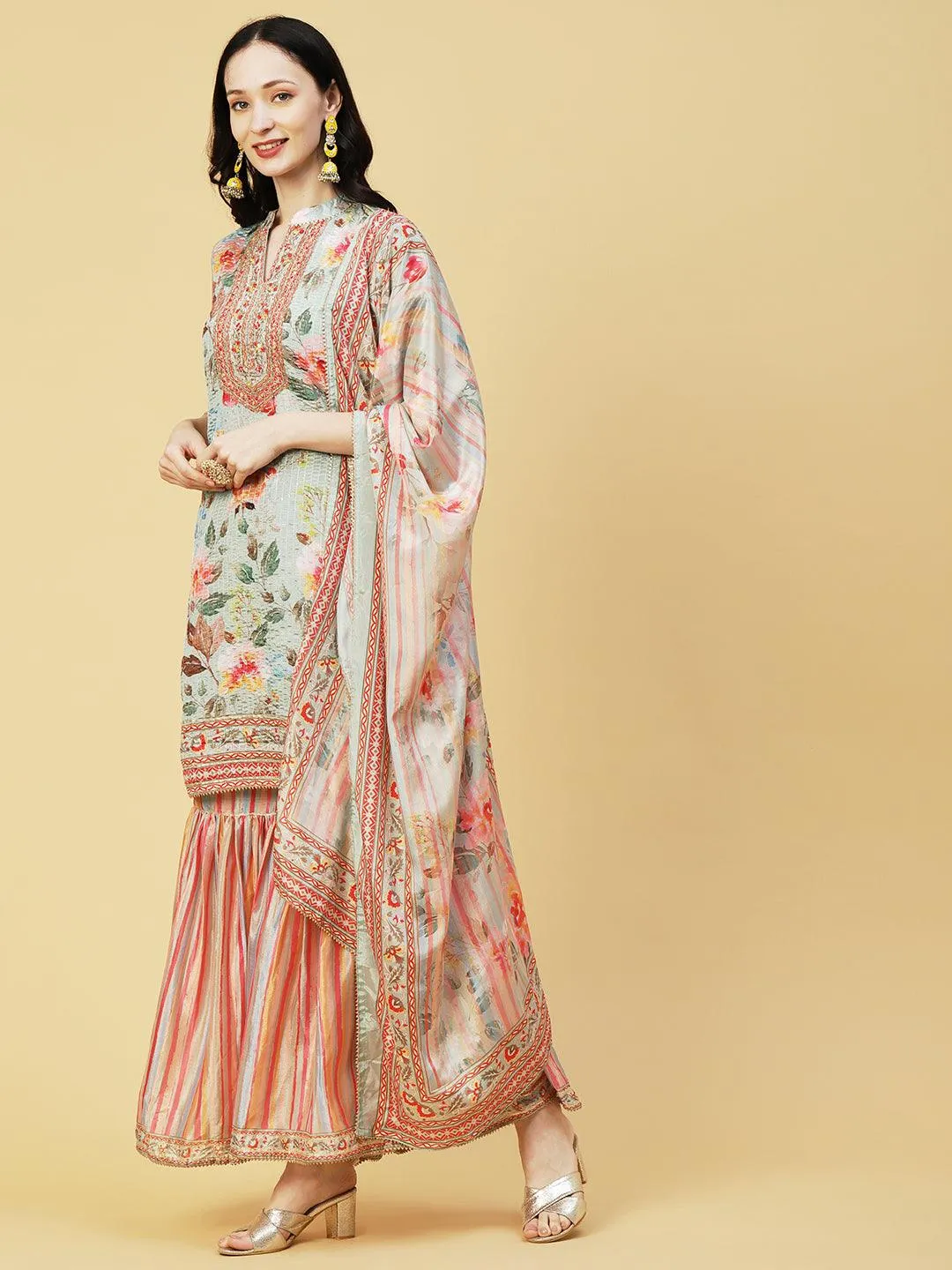 Abstract Floral Printed & Embroidered Straight Kurta with Sharara & Dupatta - Pastel Green