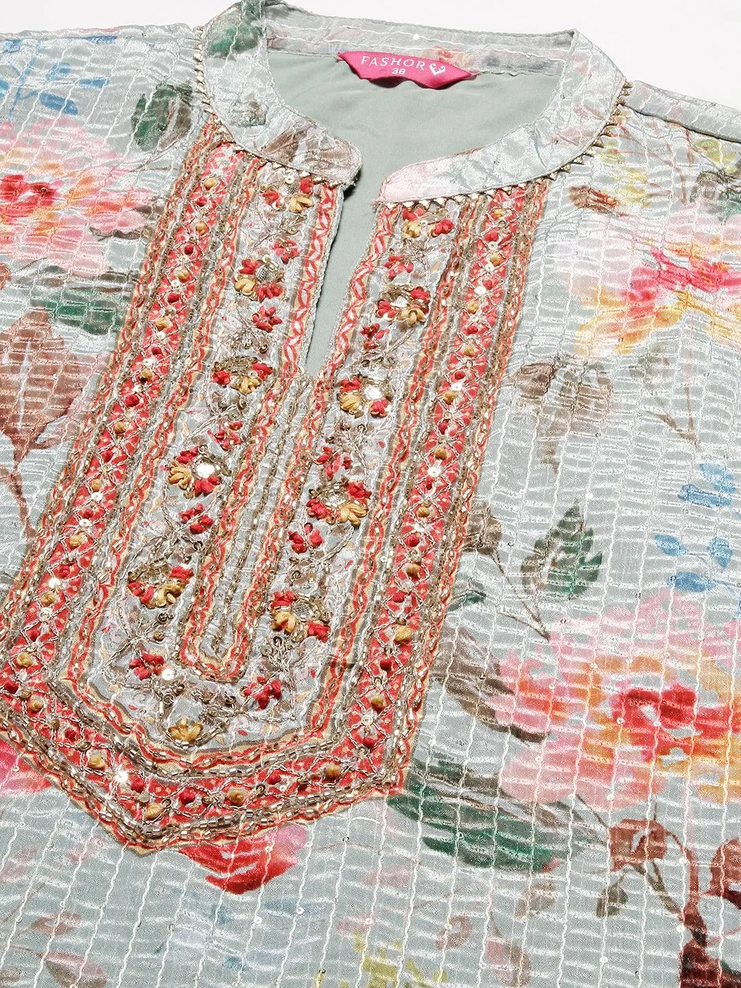 Abstract Floral Printed & Embroidered Straight Kurta with Sharara & Dupatta - Pastel Green