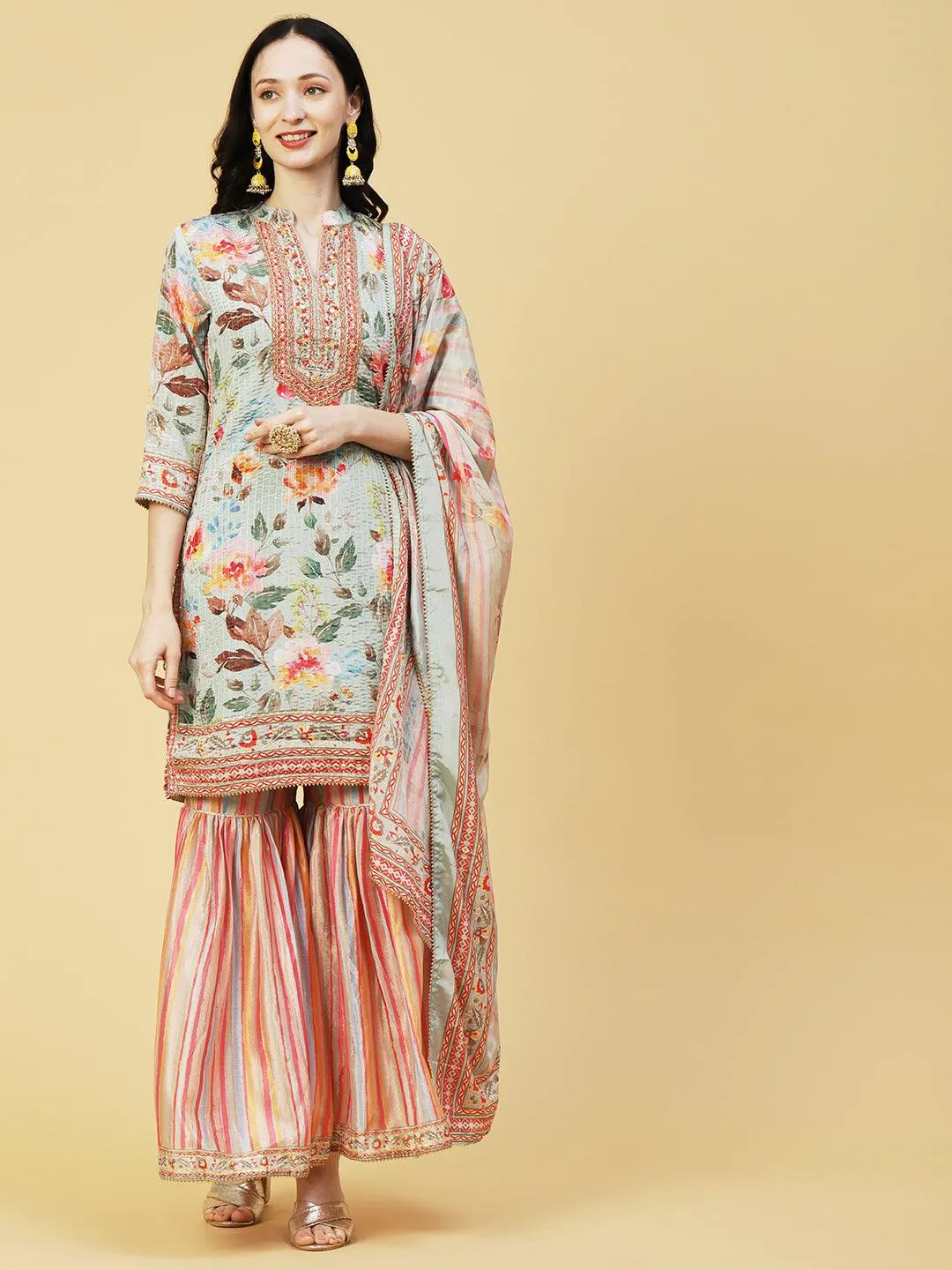 Abstract Floral Printed & Embroidered Straight Kurta with Sharara & Dupatta - Pastel Green