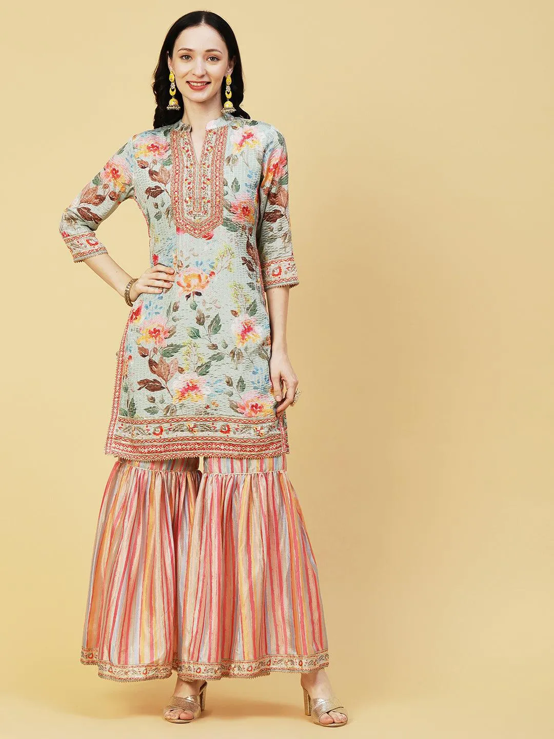 Abstract Floral Printed & Embroidered Straight Kurta with Sharara & Dupatta - Pastel Green