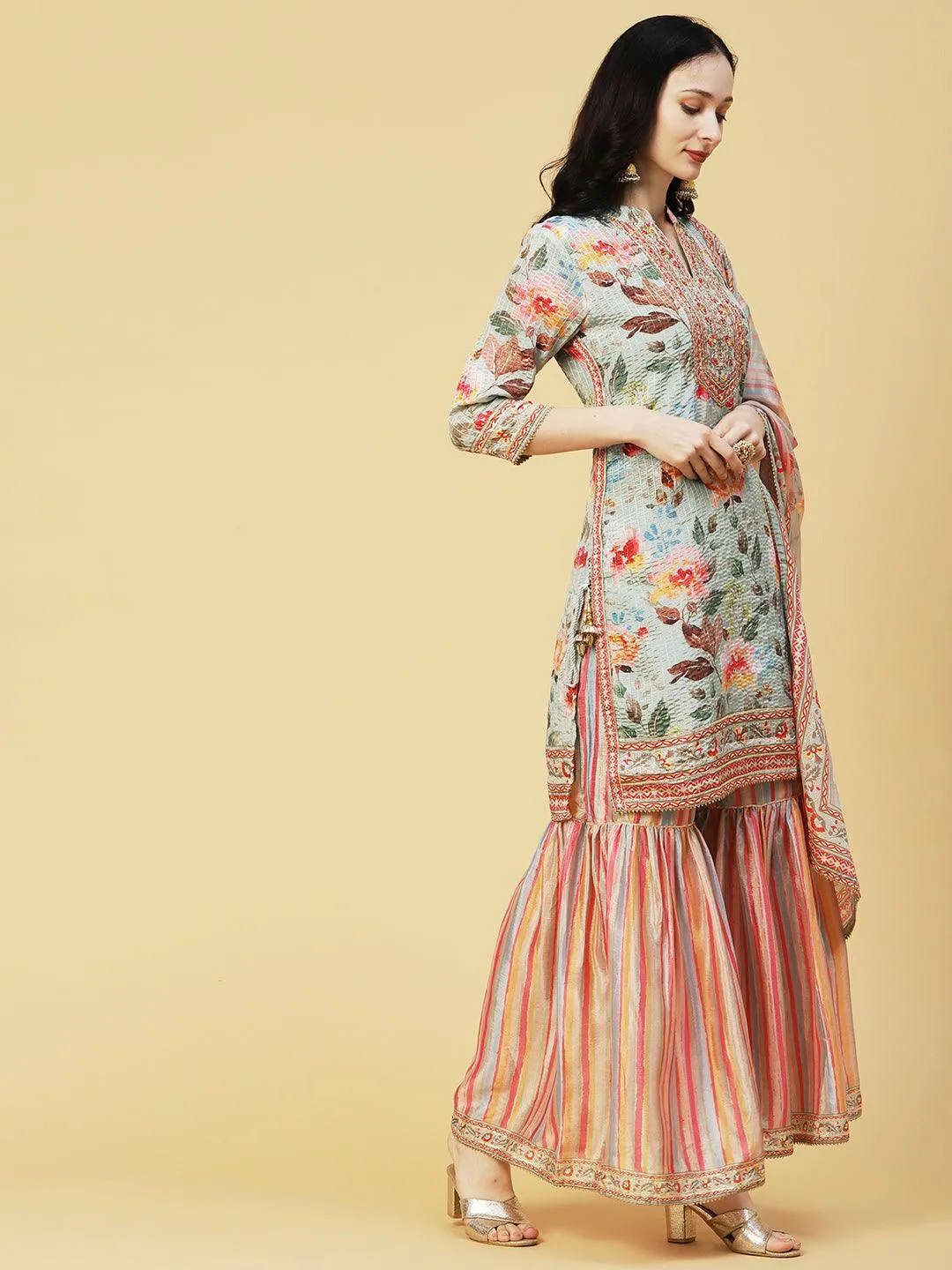 Abstract Floral Printed & Embroidered Straight Kurta with Sharara & Dupatta - Pastel Green