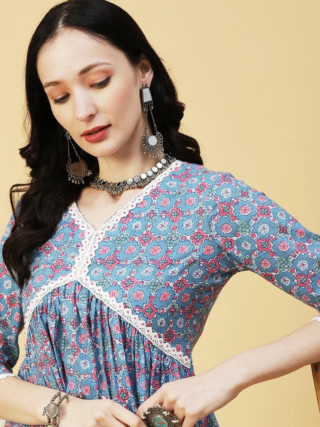 Abstract Printed Sequins & Beads Embroidered Crochet Lace Work Kurti - Light Blue