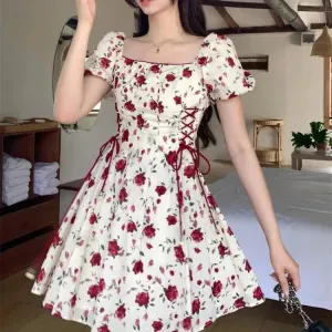Berry Basket Interwoven With Wild Summer Roses Kawaii Academia Y2K Cottagecore Coquette Fairycore Dollette Princesscore Mini Dress