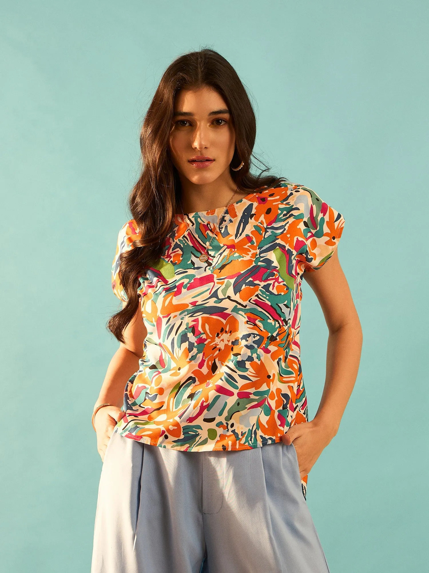 Berrylush Women White & Multicolour Abstract Printed Round Neck Twisted Cutout Back Regular Top