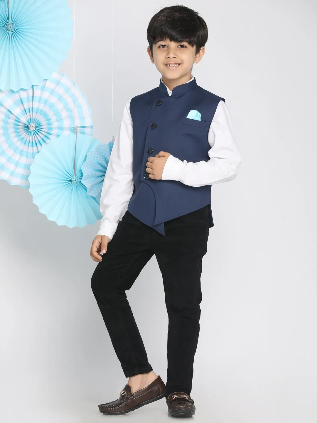 Boy's Navy Blue Cotton Blend Nehru Jacket - JBN Creation