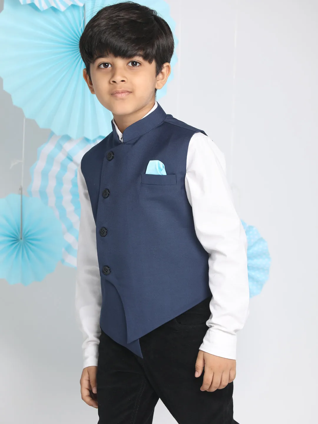 Boy's Navy Blue Cotton Blend Nehru Jacket - JBN Creation