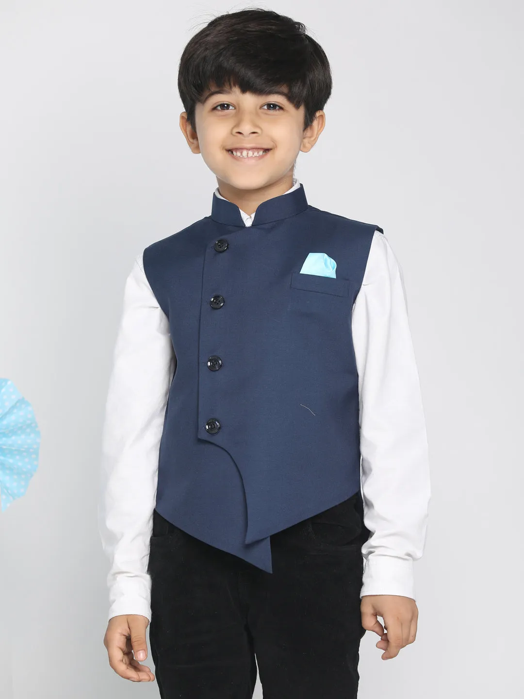Boy's Navy Blue Cotton Blend Nehru Jacket - JBN Creation