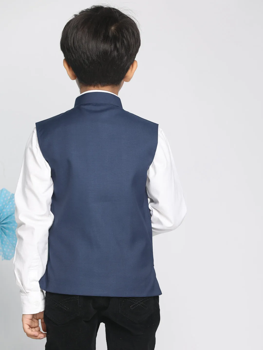 Boy's Navy Blue Cotton Blend Nehru Jacket - JBN Creation