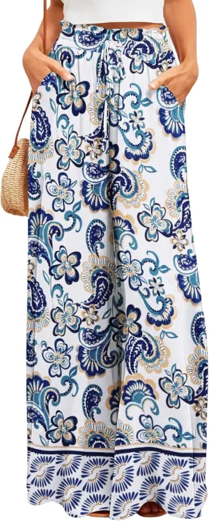 Bsubseach 2025 Womens Beach Wide Leg Pants Summer Floral Elastic Waist Pant Palazzo Dressy Boho Flowy with Pockets