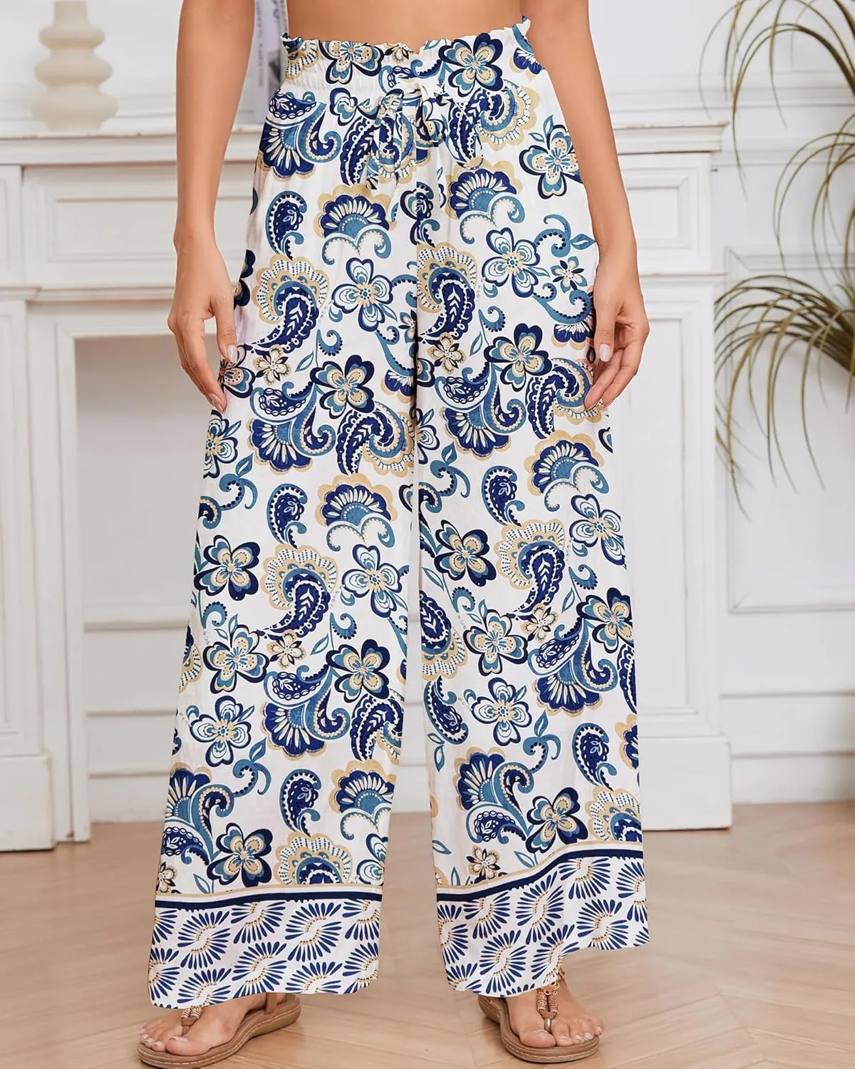 Bsubseach 2025 Womens Beach Wide Leg Pants Summer Floral Elastic Waist Pant Palazzo Dressy Boho Flowy with Pockets