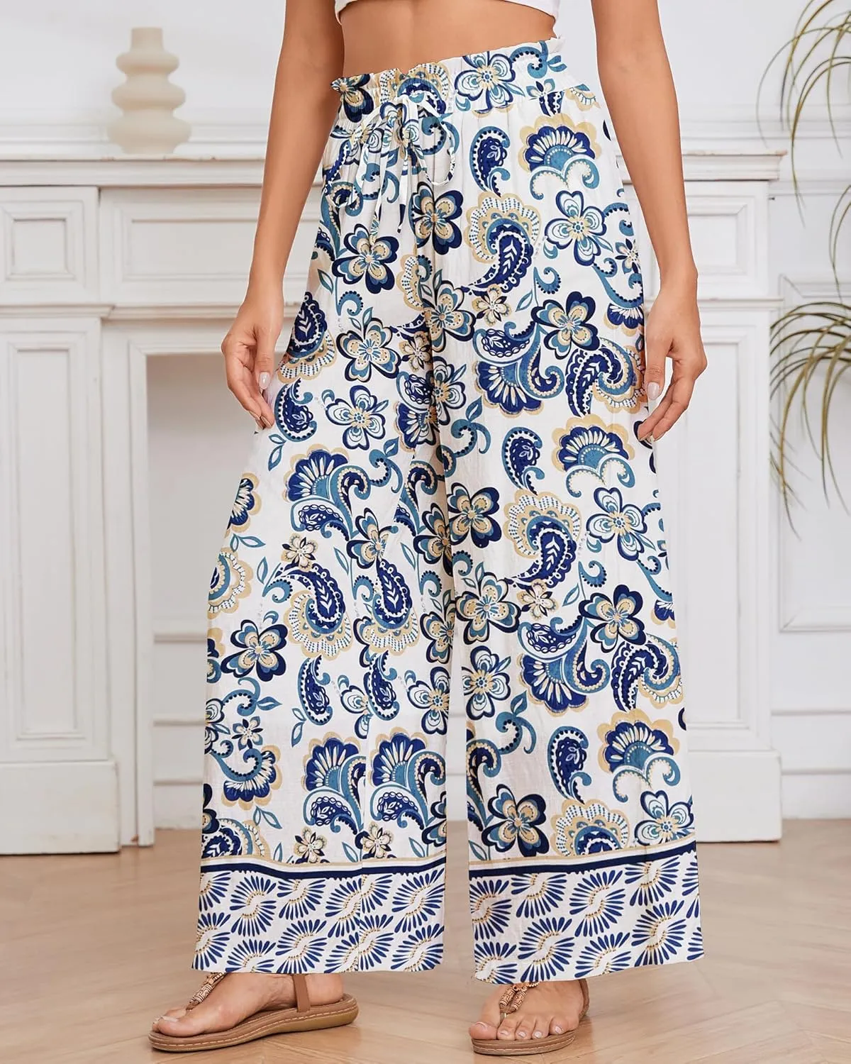 Bsubseach 2025 Womens Beach Wide Leg Pants Summer Floral Elastic Waist Pant Palazzo Dressy Boho Flowy with Pockets