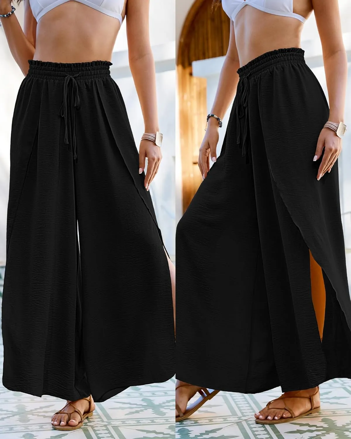 Bsubseach Cover Up Pants for Women 2025 Wide Leg Pants High Waisted Palazzo Beach Coverup Flowy Pant with Slits Trousers
