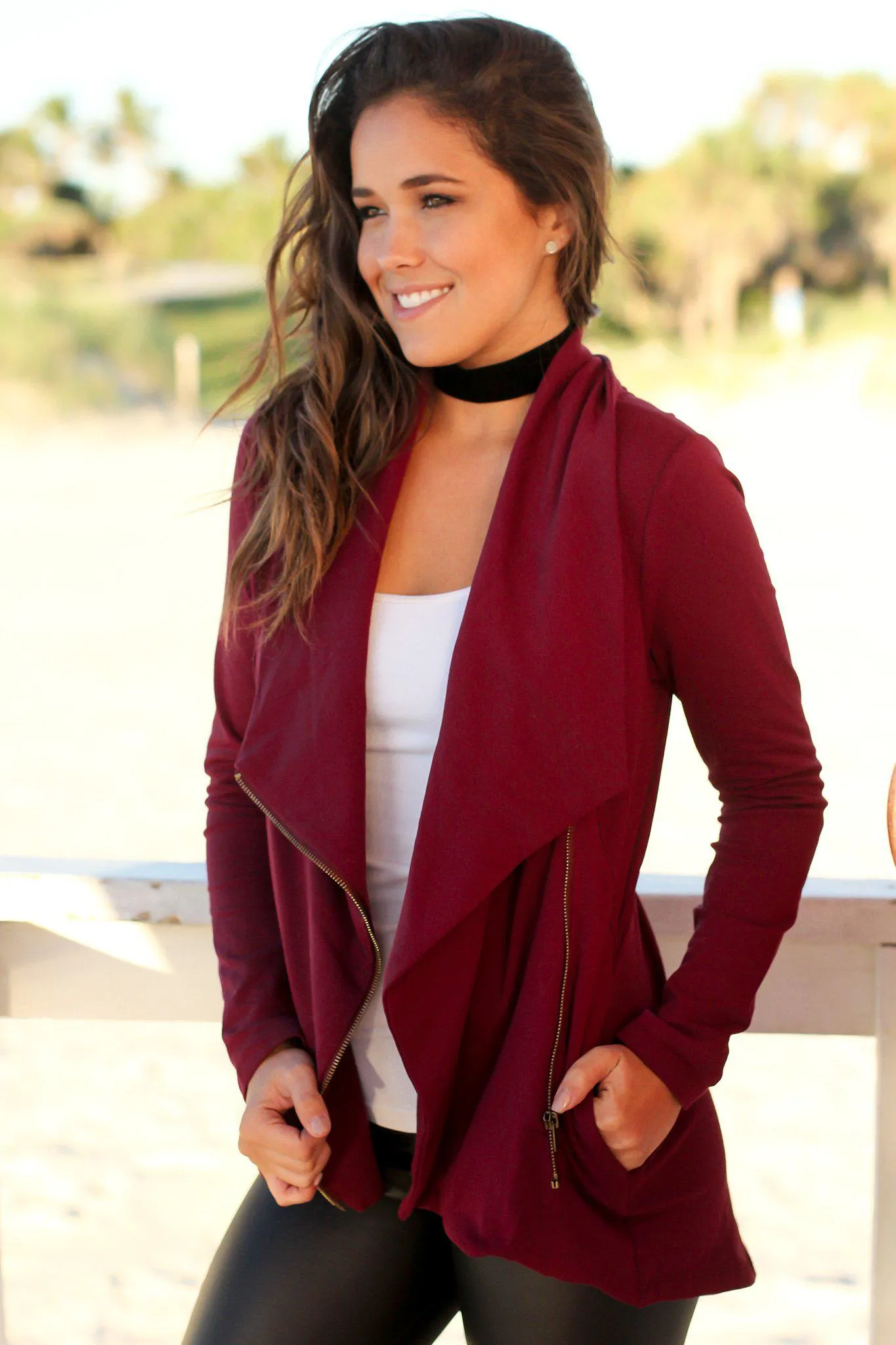 Burgundy Jacket with Side Zipper