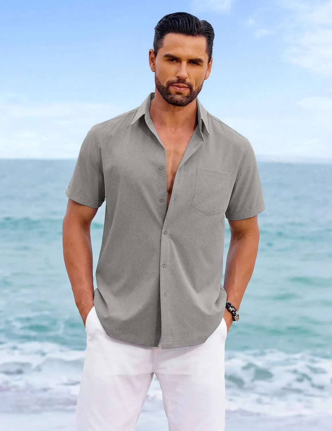 COOFANDY Mens Cool Button Down Shirt Short Sleeve Summer Beach Shirts Linen Texture Casual Shirts with Pocket