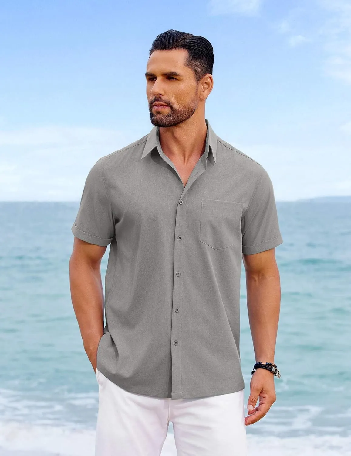COOFANDY Mens Cool Button Down Shirt Short Sleeve Summer Beach Shirts Linen Texture Casual Shirts with Pocket