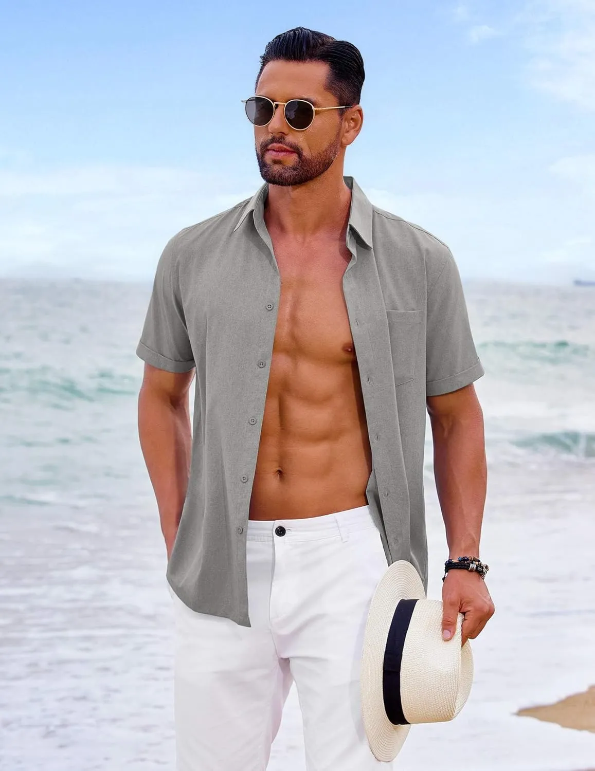 COOFANDY Mens Cool Button Down Shirt Short Sleeve Summer Beach Shirts Linen Texture Casual Shirts with Pocket