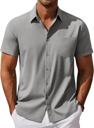 COOFANDY Mens Cool Button Down Shirt Short Sleeve Summer Beach Shirts Linen Texture Casual Shirts with Pocket