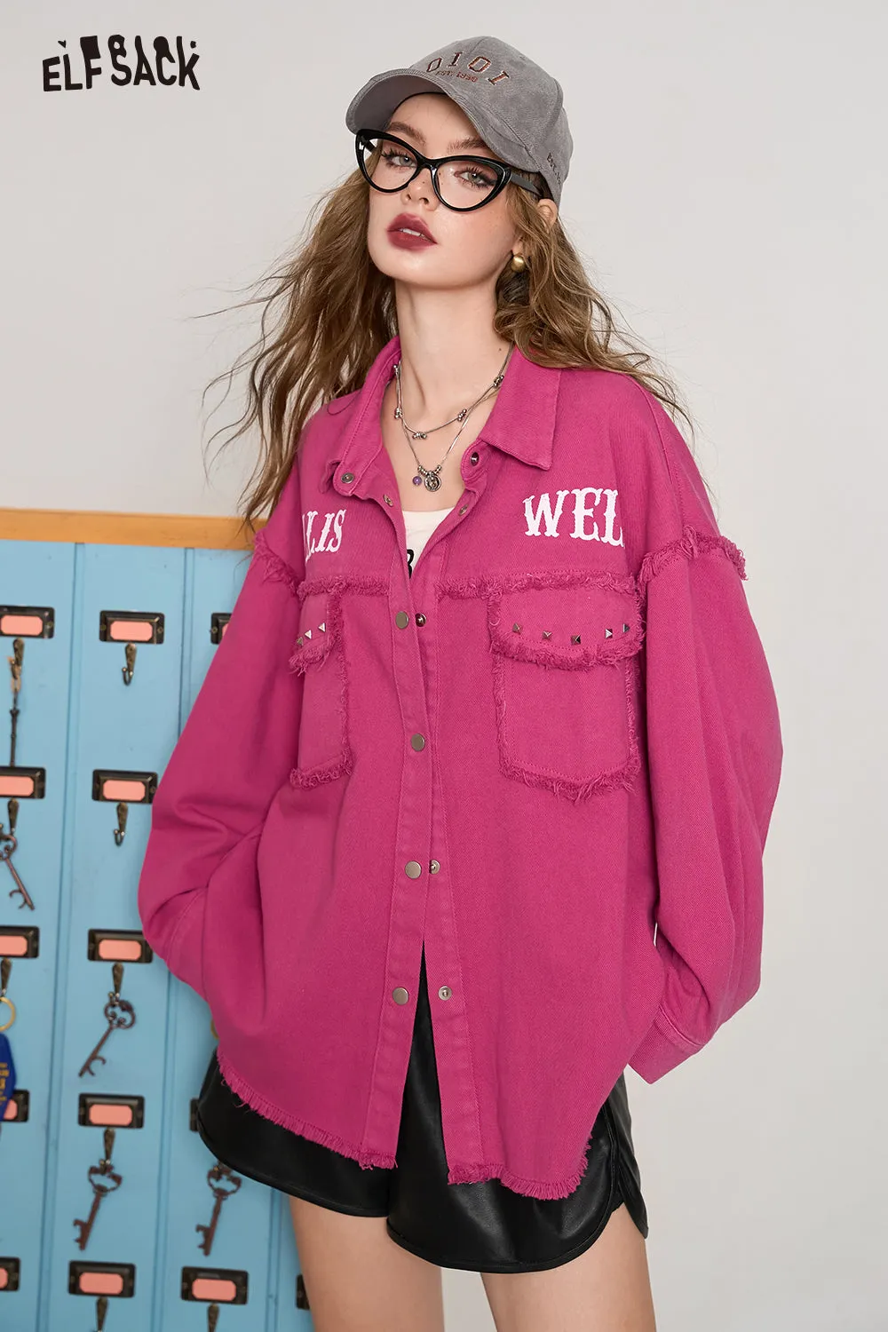 ELFSACK 2024 Autumn New Arrive Barbie Rose Red Casual All-match Korean Style Brushed Rivet Shirt Short Jacket for Women