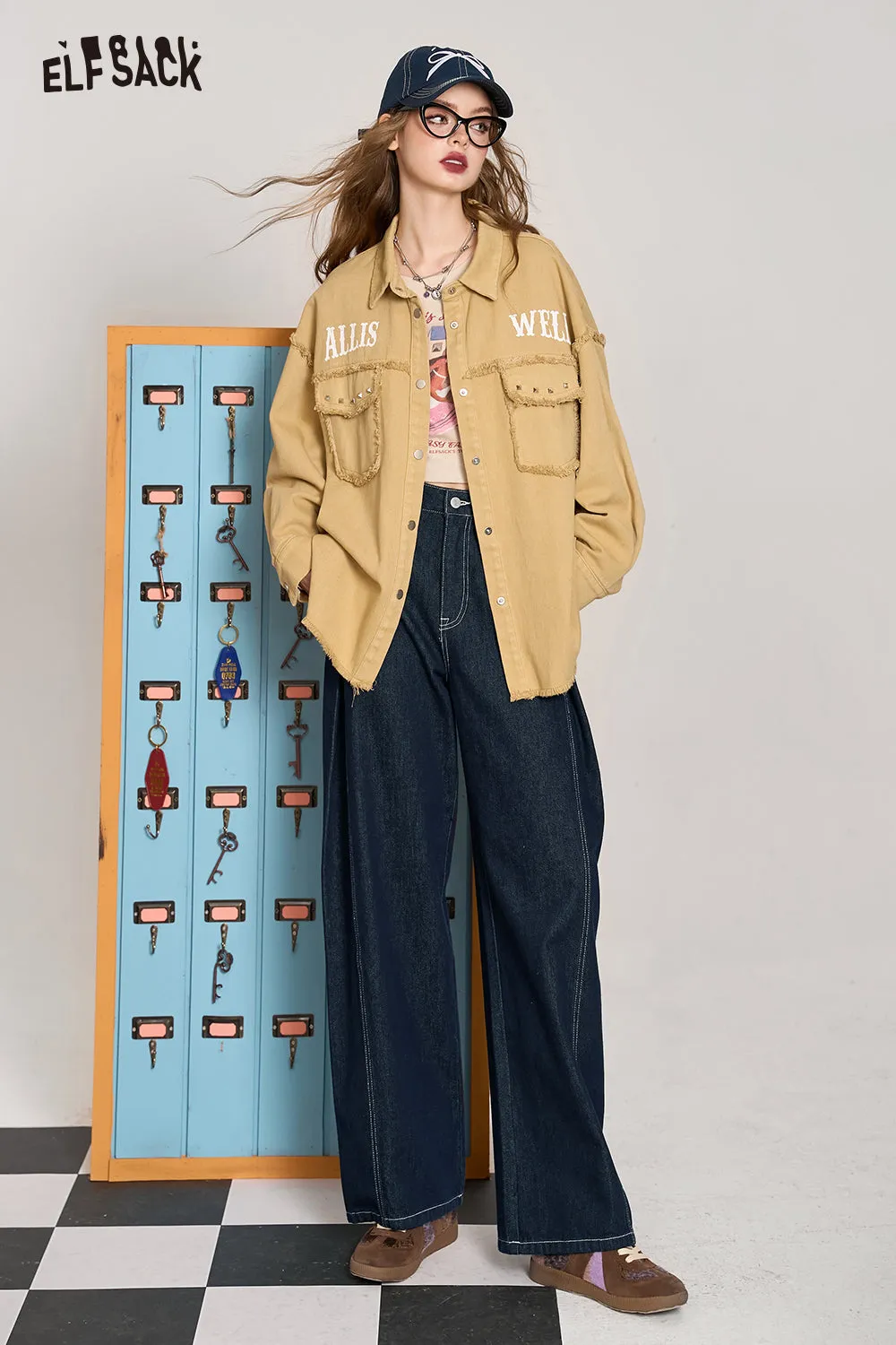 ELFSACK 2024 Autumn New Arrive Barbie Rose Red Casual All-match Korean Style Brushed Rivet Shirt Short Jacket for Women