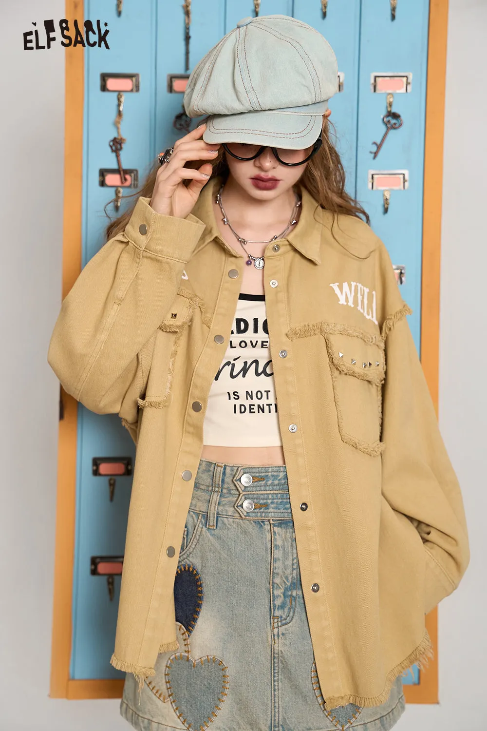 ELFSACK 2024 Autumn New Arrive Barbie Rose Red Casual All-match Korean Style Brushed Rivet Shirt Short Jacket for Women