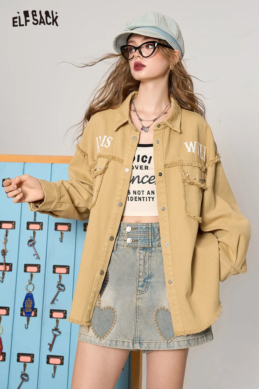 ELFSACK 2024 Autumn New Arrive Barbie Rose Red Casual All-match Korean Style Brushed Rivet Shirt Short Jacket for Women