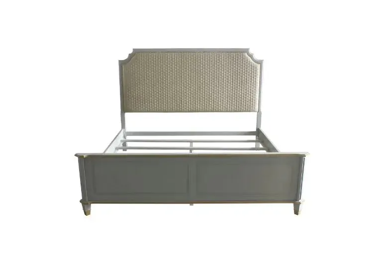 Florence King Bed, Two Tone Beige Fabric & Pearl Gray Finish