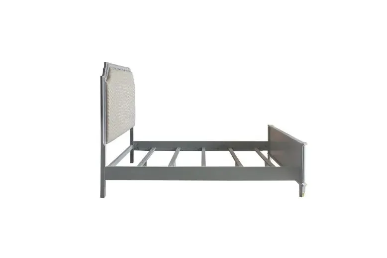 Florence King Bed, Two Tone Beige Fabric & Pearl Gray Finish