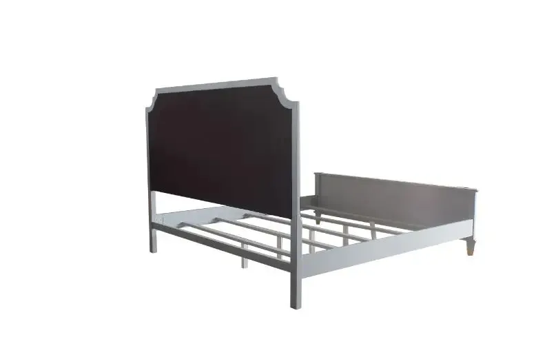 Florence King Bed, Two Tone Beige Fabric & Pearl Gray Finish