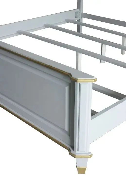 Florence King Bed, Two Tone Beige Fabric & Pearl Gray Finish
