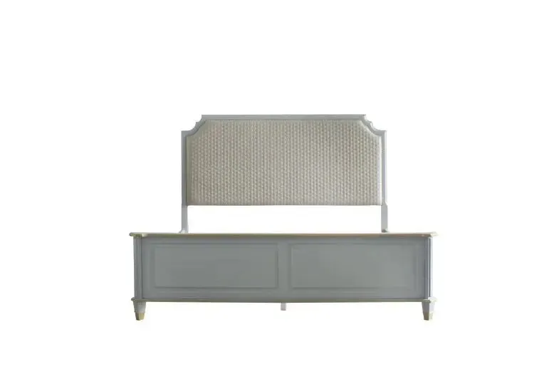 Florence King Bed, Two Tone Beige Fabric & Pearl Gray Finish