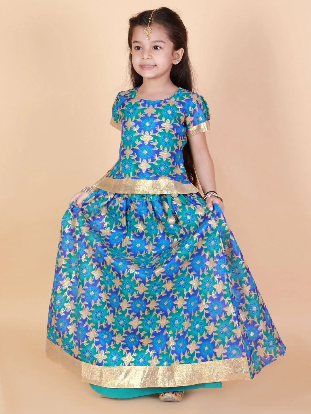 Girl's Gold Floral Printed Pavda Pattu - KID1 Girls