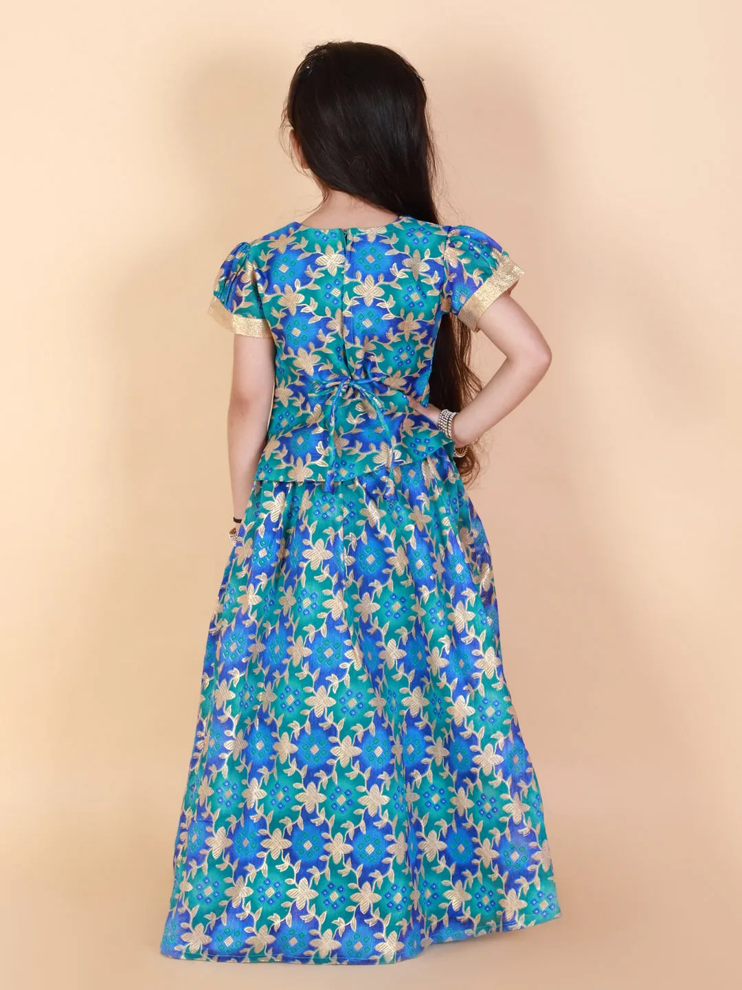 Girl's Gold Floral Printed Pavda Pattu - KID1 Girls