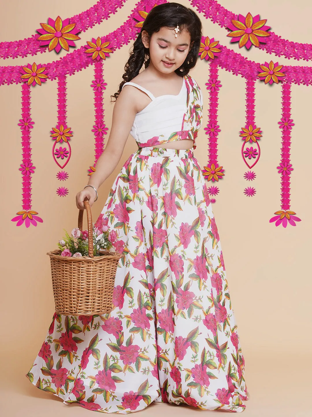Girls Off White Printed Georgette Lehenga With Choli. - Bitiya By Bhama