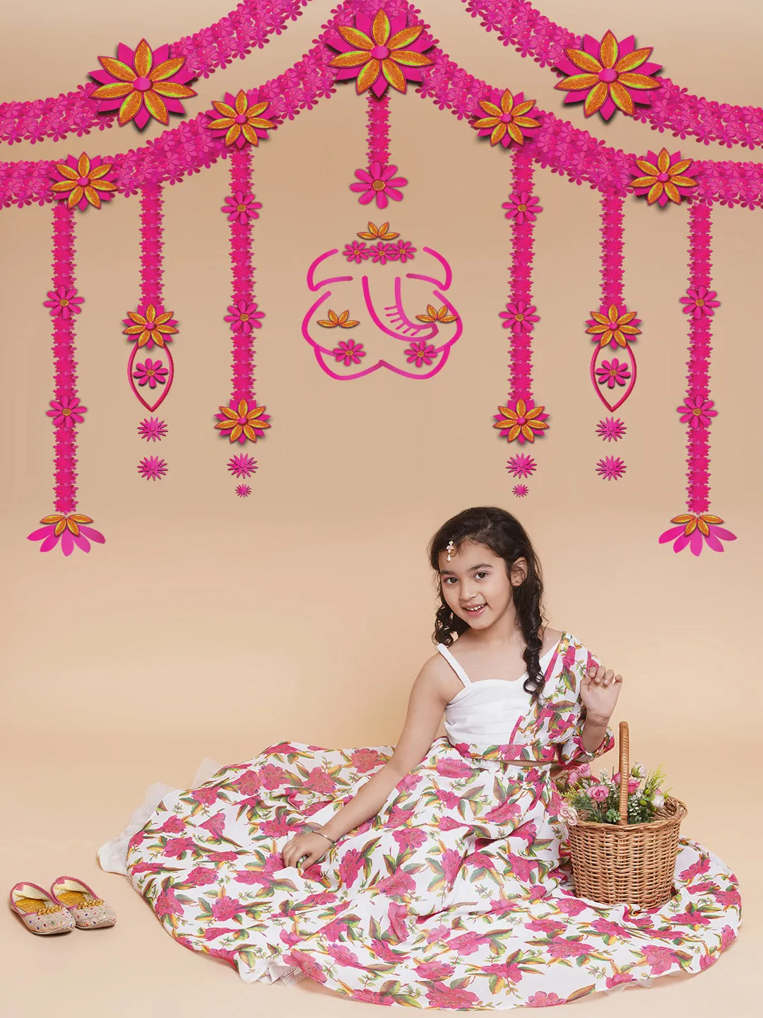 Girls Off White Printed Georgette Lehenga With Choli. - Bitiya By Bhama