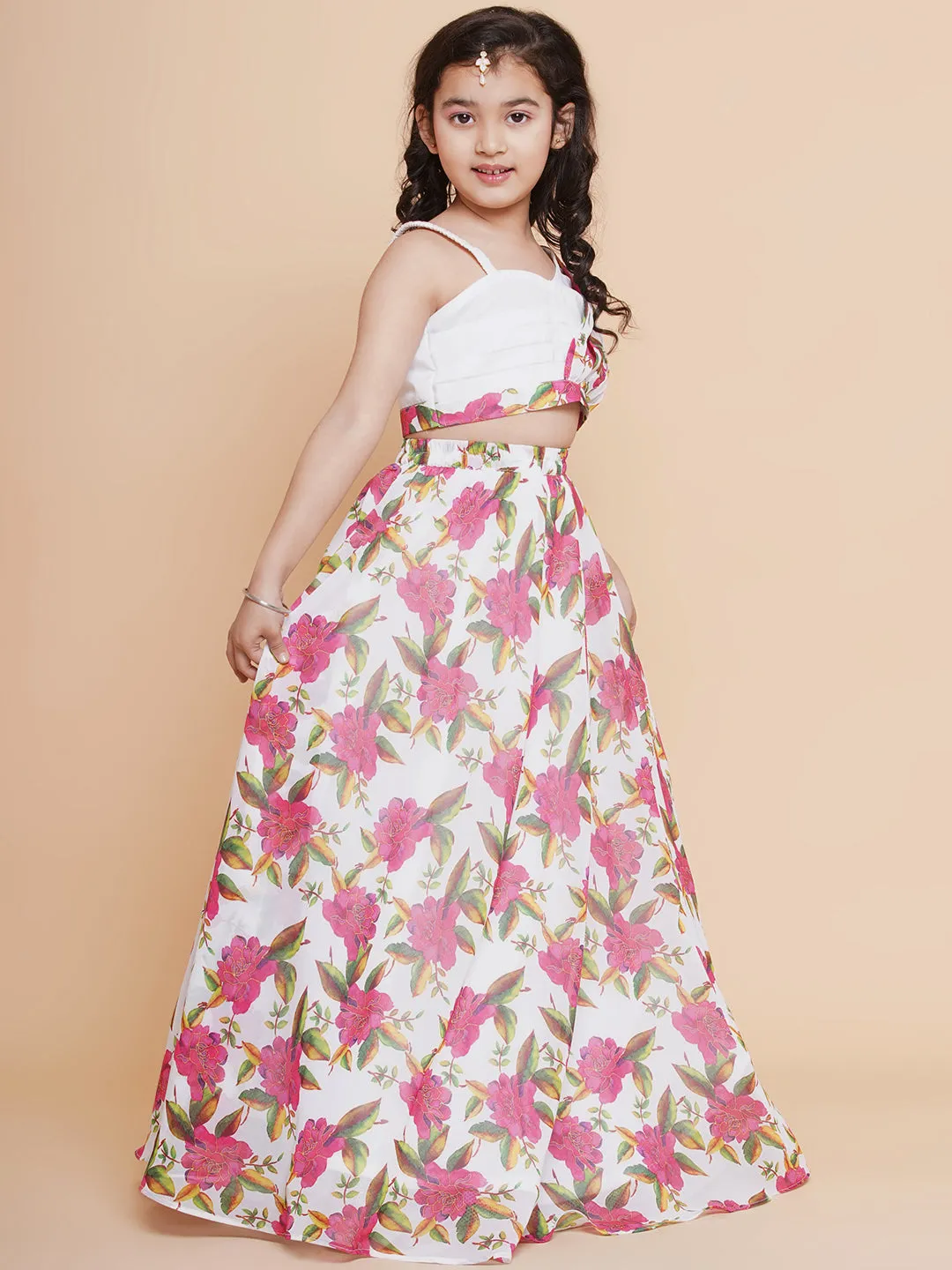 Girls Off White Printed Georgette Lehenga With Choli. - Bitiya By Bhama