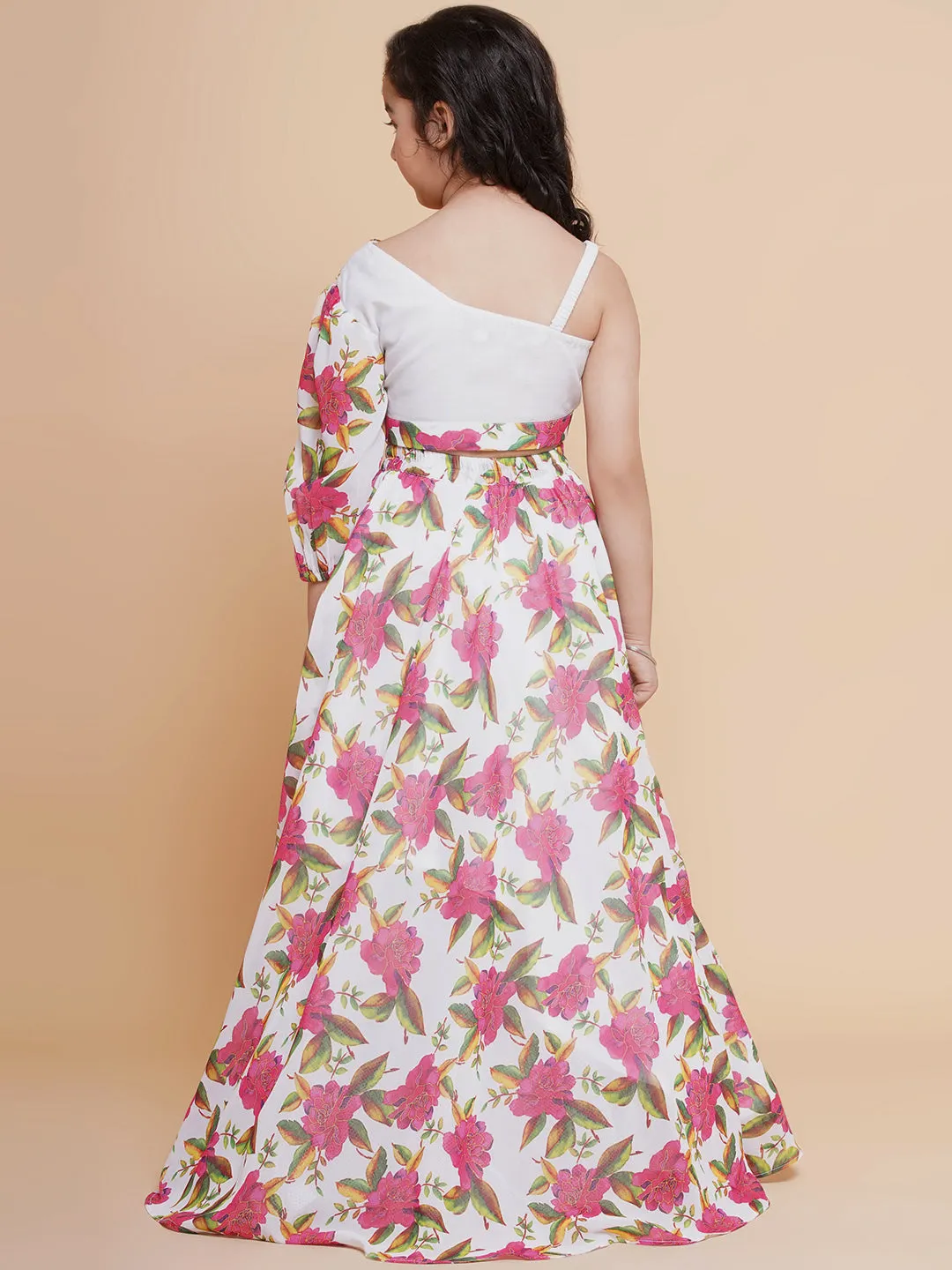 Girls Off White Printed Georgette Lehenga With Choli. - Bitiya By Bhama