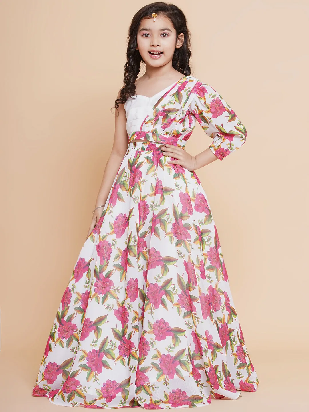 Girls Off White Printed Georgette Lehenga With Choli. - Bitiya By Bhama