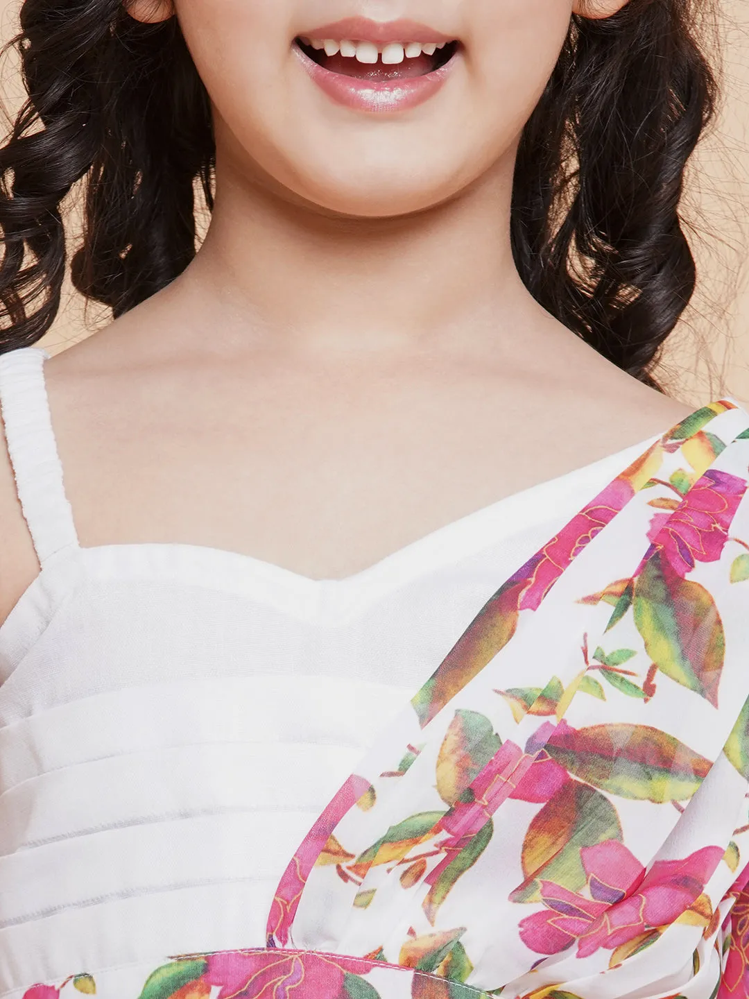 Girls Off White Printed Georgette Lehenga With Choli. - Bitiya By Bhama
