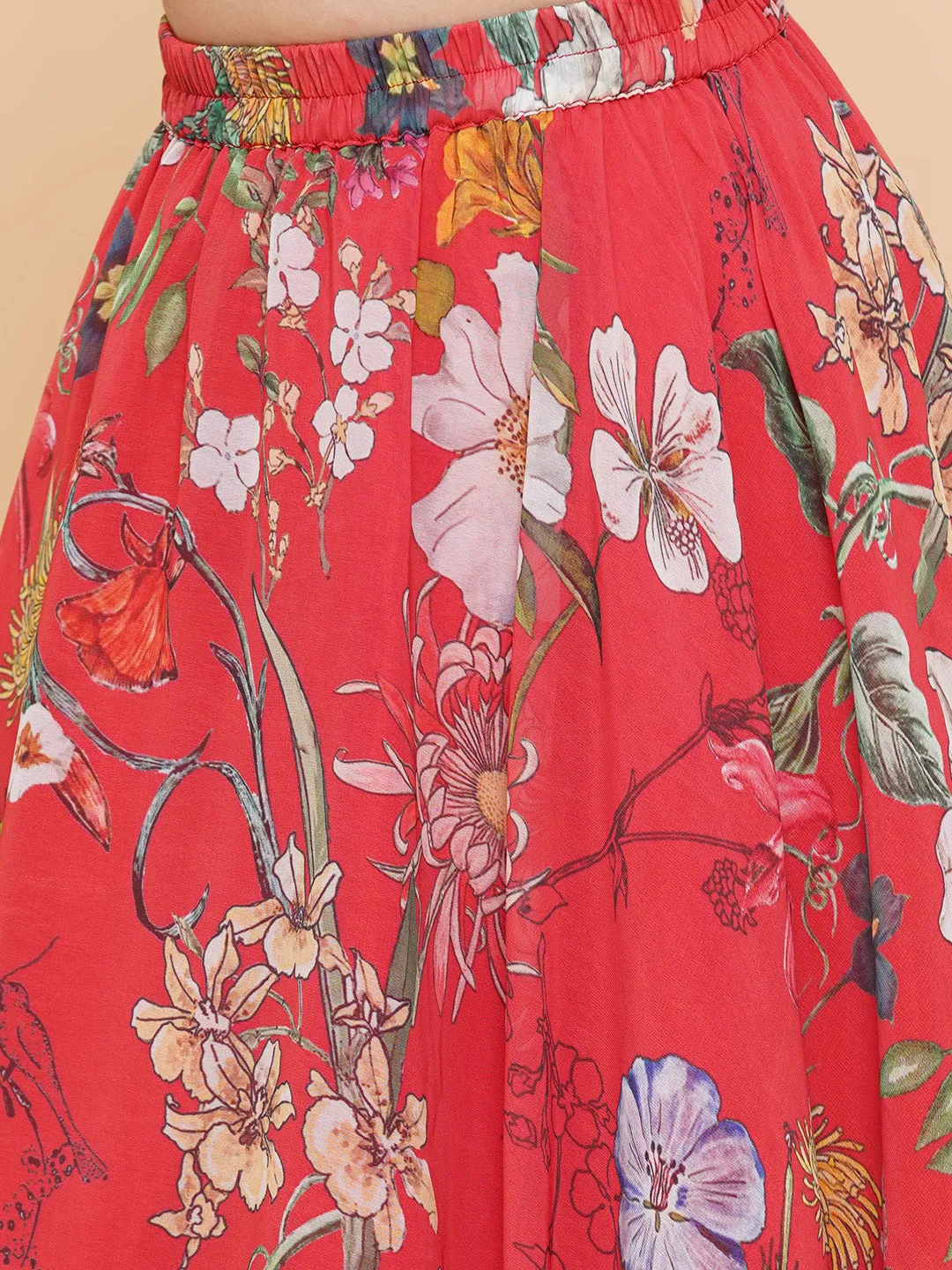 Girls Red Flower Digital Print Ready To Wear Lehenga Choli - Bitiya By Bhama
