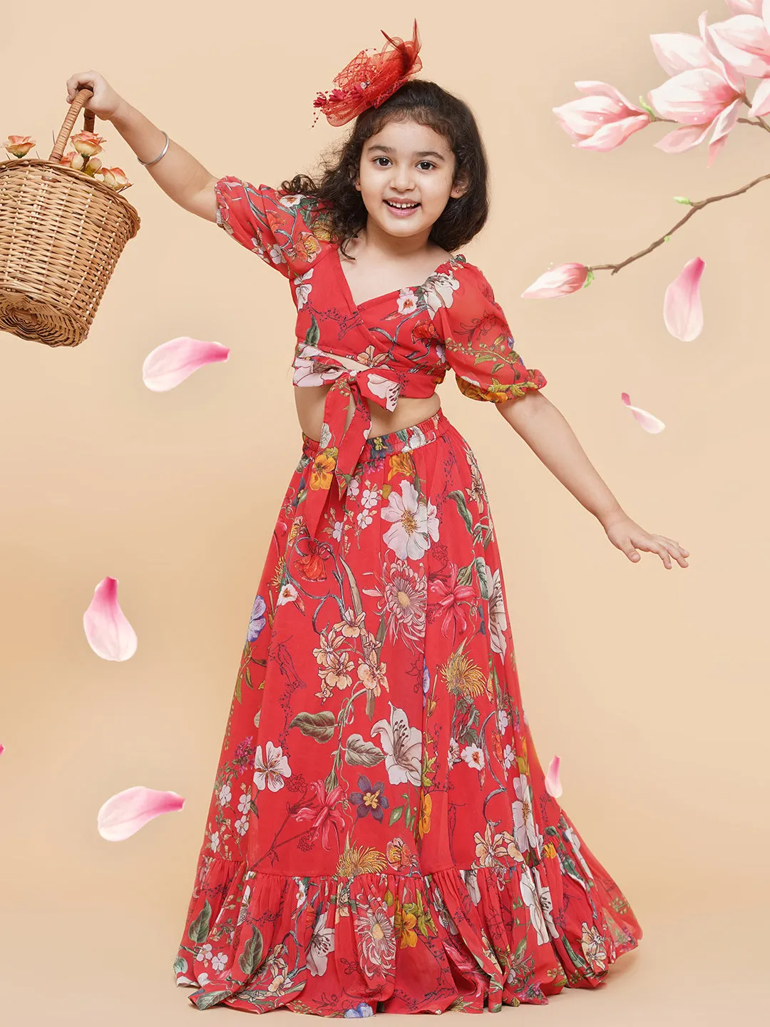 Girls Red Flower Digital Print Ready To Wear Lehenga Choli - Bitiya By Bhama
