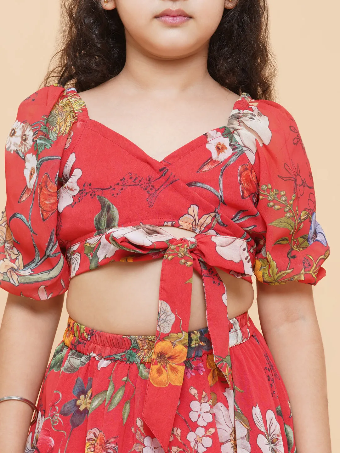 Girls Red Flower Digital Print Ready To Wear Lehenga Choli - Bitiya By Bhama