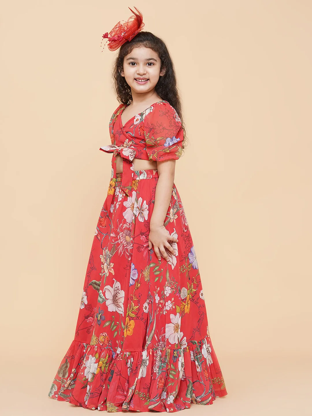 Girls Red Flower Digital Print Ready To Wear Lehenga Choli - Bitiya By Bhama