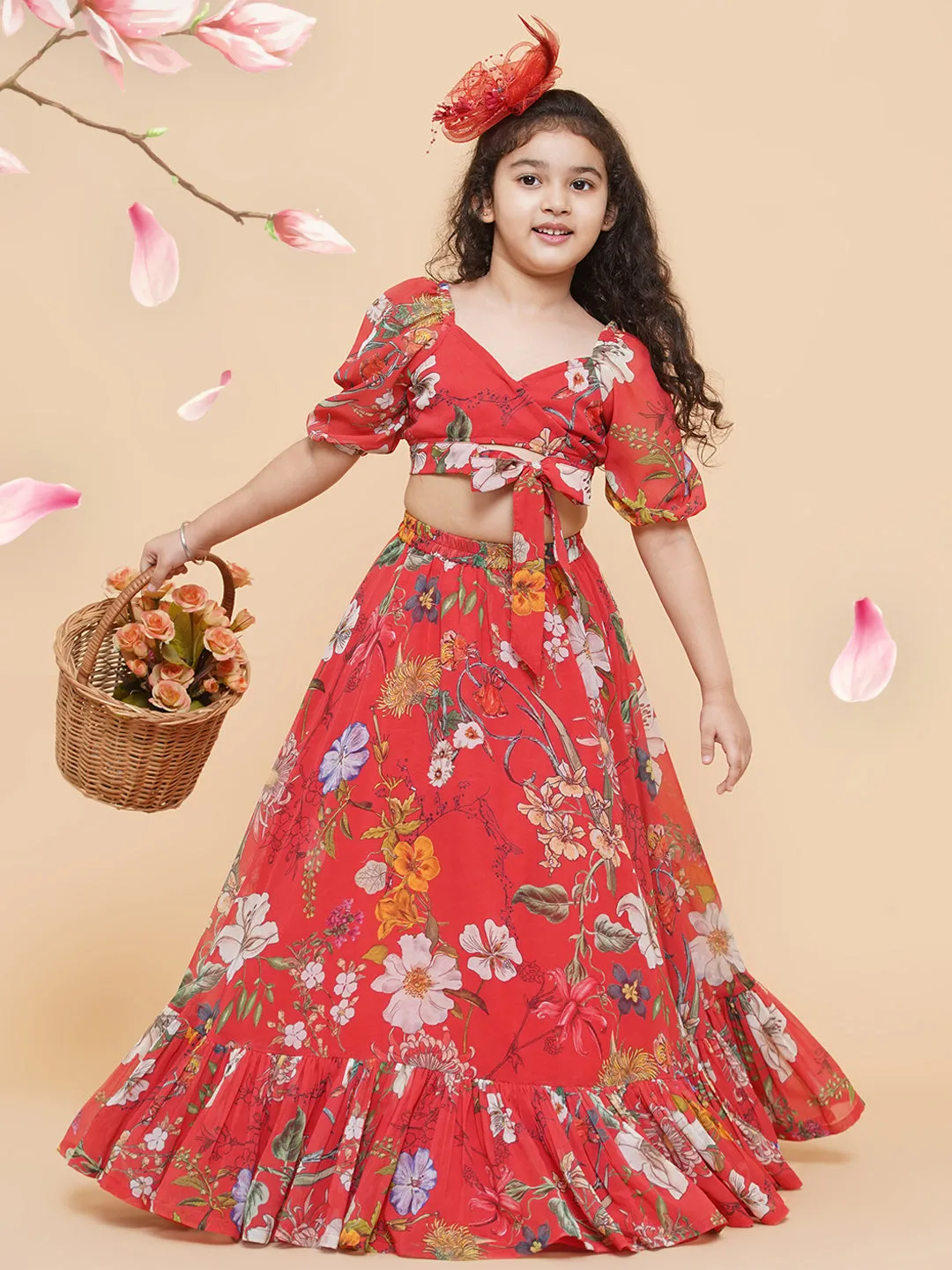 Girls Red Flower Digital Print Ready To Wear Lehenga Choli - Bitiya By Bhama