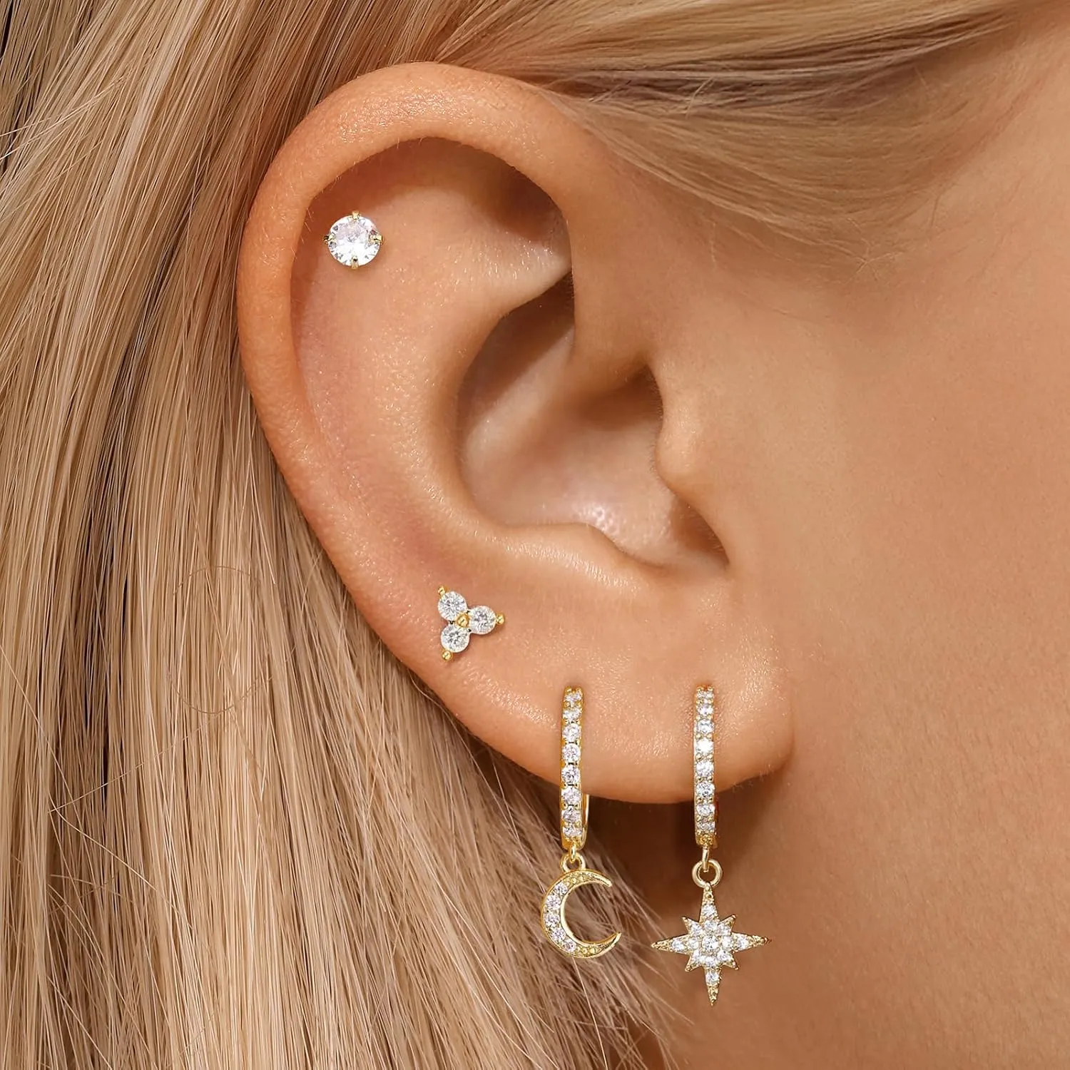 Gold Earrings Set for Women, 14K Gold Plated Hoop Stud Earring Stacks, Hypoallergenic Cartilage Earrings Set for Multiple Piercing, Trendy Earring Jewelry for Women 2025