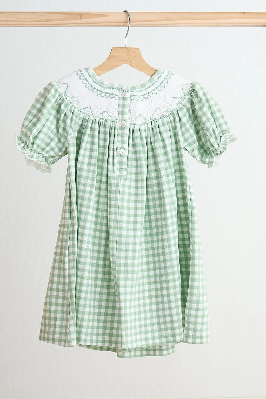 Green bow tie hand smocked gingham dress